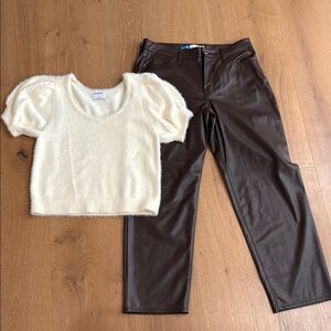 Old Navy Cream angora like Knit Top and Brown faux Leather Pants set sz 14 L